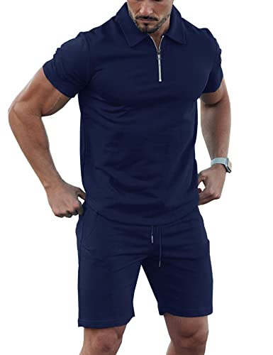 URRU Mens Classic 2 piece Polo Shirts Zipper Short Sleeve Solid Casual Slim Fit Basic Lapel Polos and Shorts Navy XXL