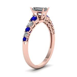 CustomizedGifts Graduated Diamond Engagement Ring rose gold plated Created Blue Sapphire Emerald shape Blue color Petite Engagement Rings prong Setting in Size 5 Fashion Jewelry