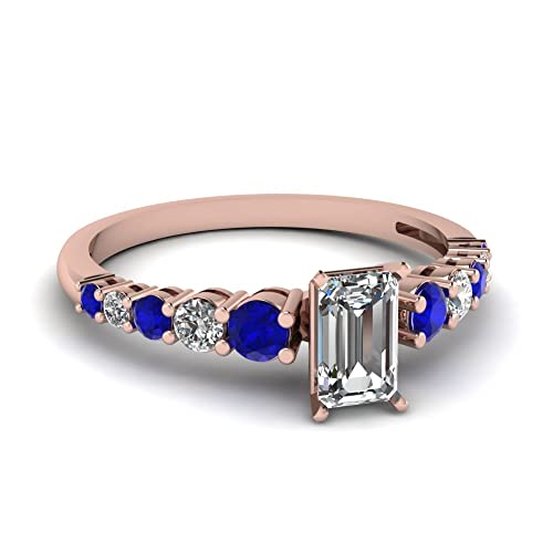 CustomizedGifts Graduated Diamond Engagement Ring rose gold plated Created Blue Sapphire Emerald shape Blue color Petite Engagement Rings prong Setting in Size 5 Fashion Jewelry