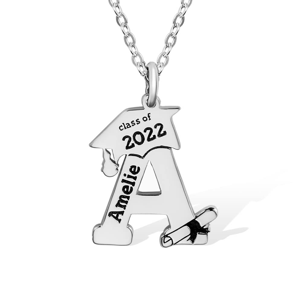 Personalized Graduation Necklace 925 Sterling Silver/Stainless Steel Custom Engrave Name Year Initial Letter Pendant Neckalce Class College University Jewelry 2024 Graduation Gifts For Her Him Women