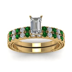 gemsonclick petite vintage diamond wedding set yellow gold plated created emerald emerald shape green color wedding ring sets prong setting in size 9 party wear daily wear ornament