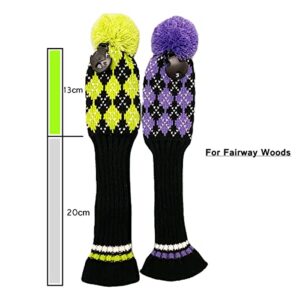 3pcs Knit Golf Club Head Covers,Golf Driver 3 5 Fairway Woods Covers, Pom Pom Golf Wood Headcovers Covers for Driver, 3 5 Woods - Purple