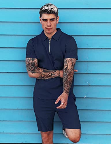 URRU Mens Classic 2 piece Polo Shirts Zipper Short Sleeve Solid Casual Slim Fit Basic Lapel Polos and Shorts Navy XXL