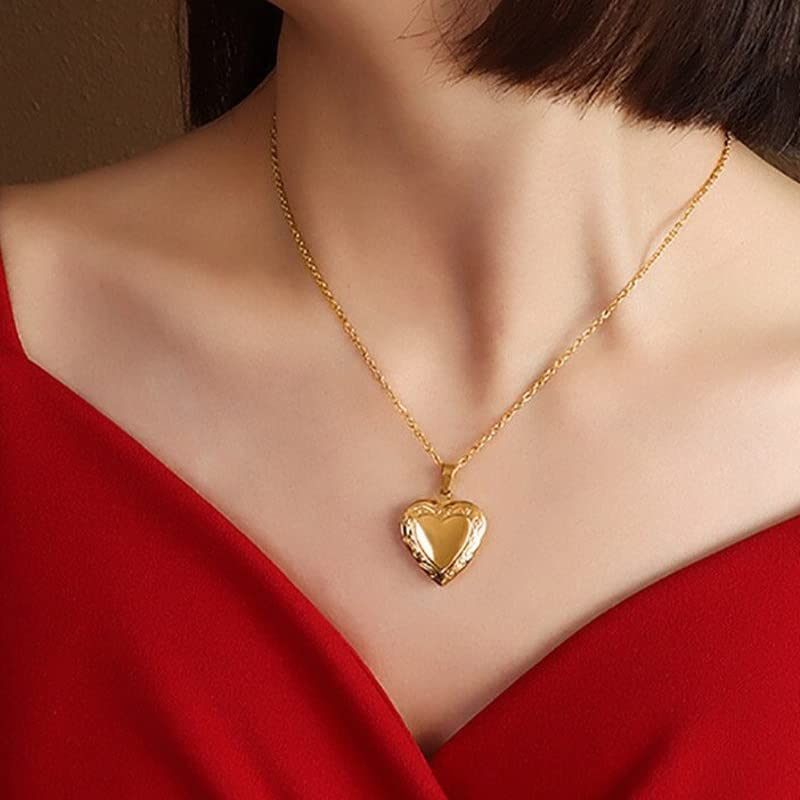 CALOZITO Stainless Steel Heart Necklace Women, Photo Frame Love Shape Necklace Openable Pendant (PN-1363G Gold)