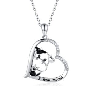 925 Sterling Silver Cow Necklace Pendant Cow Print Jewelry for Women Birthday Cow Gifts (Heart Cow Necklace)