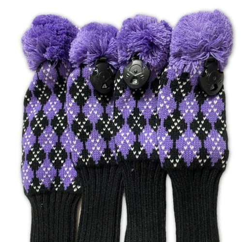 3pcs Knit Golf Club Head Covers,Golf Driver 3 5 Fairway Woods Covers, Pom Pom Golf Wood Headcovers Covers for Driver, 3 5 Woods - Purple