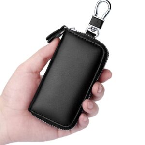 LANZITOER Leather Car Key Case Holder Keychain Case Wallet Zipper Closure For Men And Women (Black)