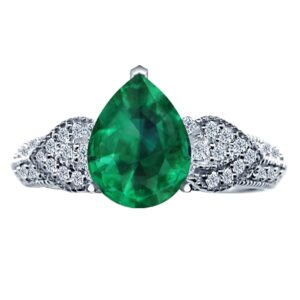 0.75 carat vintage leaf pear cut emerald 14k white gold diamond engagement ring (0.5 ct center heirloom quality aaa+)