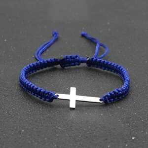 COLORFUL BLING Handmade Braided Cross Black Red String Protection Bracelet Stainless Steel Sideways Faith Hope Blessed Wrap Bangle Religion Jewelry-simple blue