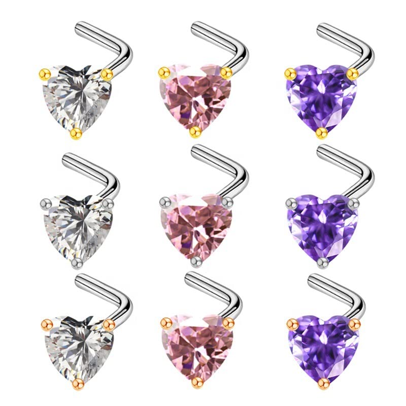 Diiker Septum Rings for Women 3Pcs 316L Surgical Steel Hypoallergenic Heart Septum Nose Rings Hoops CZ Zircon Pink Purple White Heart-shaped Cartilage Piercing Jewelry (Purple 3PC)