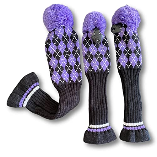 3pcs Knit Golf Club Head Covers,Golf Driver 3 5 Fairway Woods Covers, Pom Pom Golf Wood Headcovers Covers for Driver, 3 5 Woods - Purple