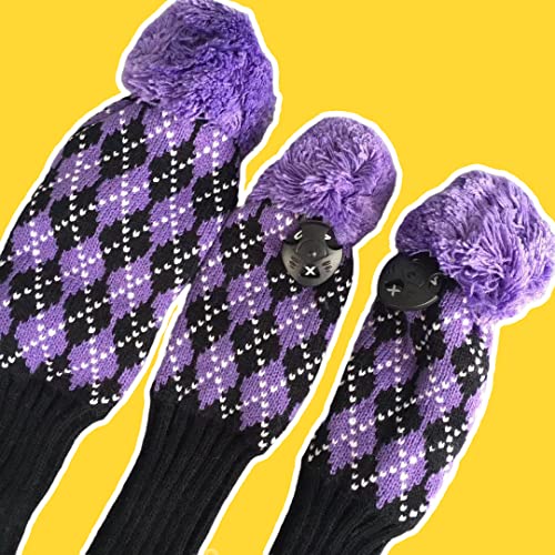 3pcs Knit Golf Club Head Covers,Golf Driver 3 5 Fairway Woods Covers, Pom Pom Golf Wood Headcovers Covers for Driver, 3 5 Woods - Purple