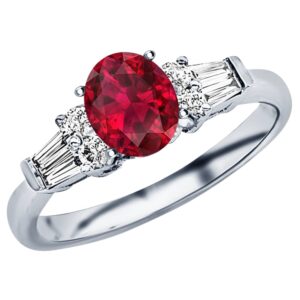 1.08 carat traditional classic baguette round oval cut ruby 14k white gold diamond engagement ring (0.75 ct center heirloom quality aaa+)