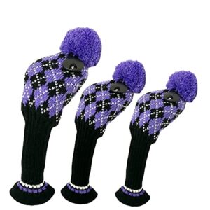 3pcs Knit Golf Club Head Covers,Golf Driver 3 5 Fairway Woods Covers, Pom Pom Golf Wood Headcovers Covers for Driver, 3 5 Woods - Purple