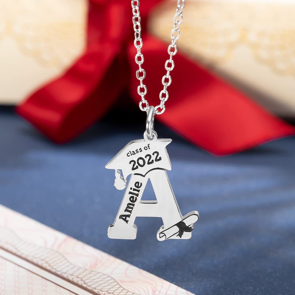 Personalized Graduation Necklace 925 Sterling Silver/Stainless Steel Custom Engrave Name Year Initial Letter Pendant Neckalce Class College University Jewelry 2024 Graduation Gifts For Her Him Women