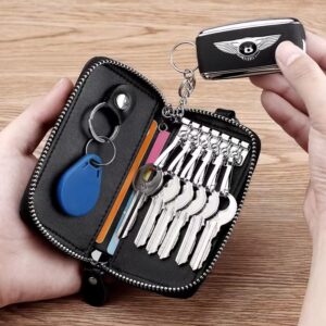 LANZITOER Leather Car Key Case Holder Keychain Case Wallet Zipper Closure For Men And Women (Black)