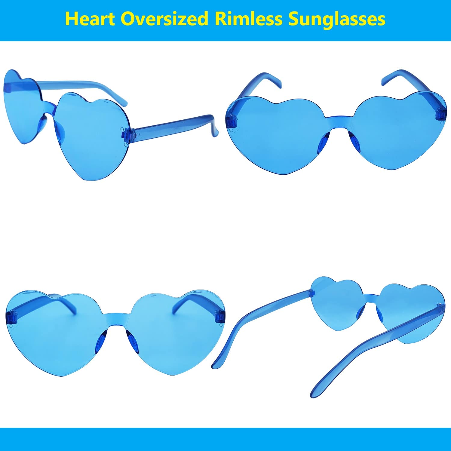 NUDALA Heart Rimless Sunglasses Love Candy Bachelorette Party Glasses Funky Transparent Sunglasses Party Favor (24 BLUE)