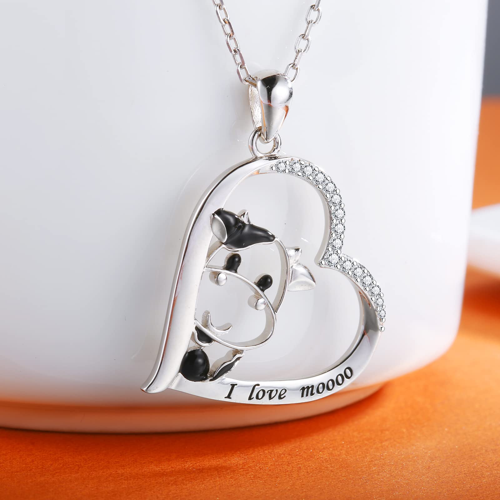 925 Sterling Silver Cow Necklace Pendant Cow Print Jewelry for Women Birthday Cow Gifts (Heart Cow Necklace)