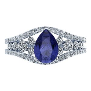 4 Carat Designer Channel Set Thick Pear Cut Tanzanite 14K White Gold Diamond Engagement Ring (3 Ct Center Heirloom Quality AAA+)