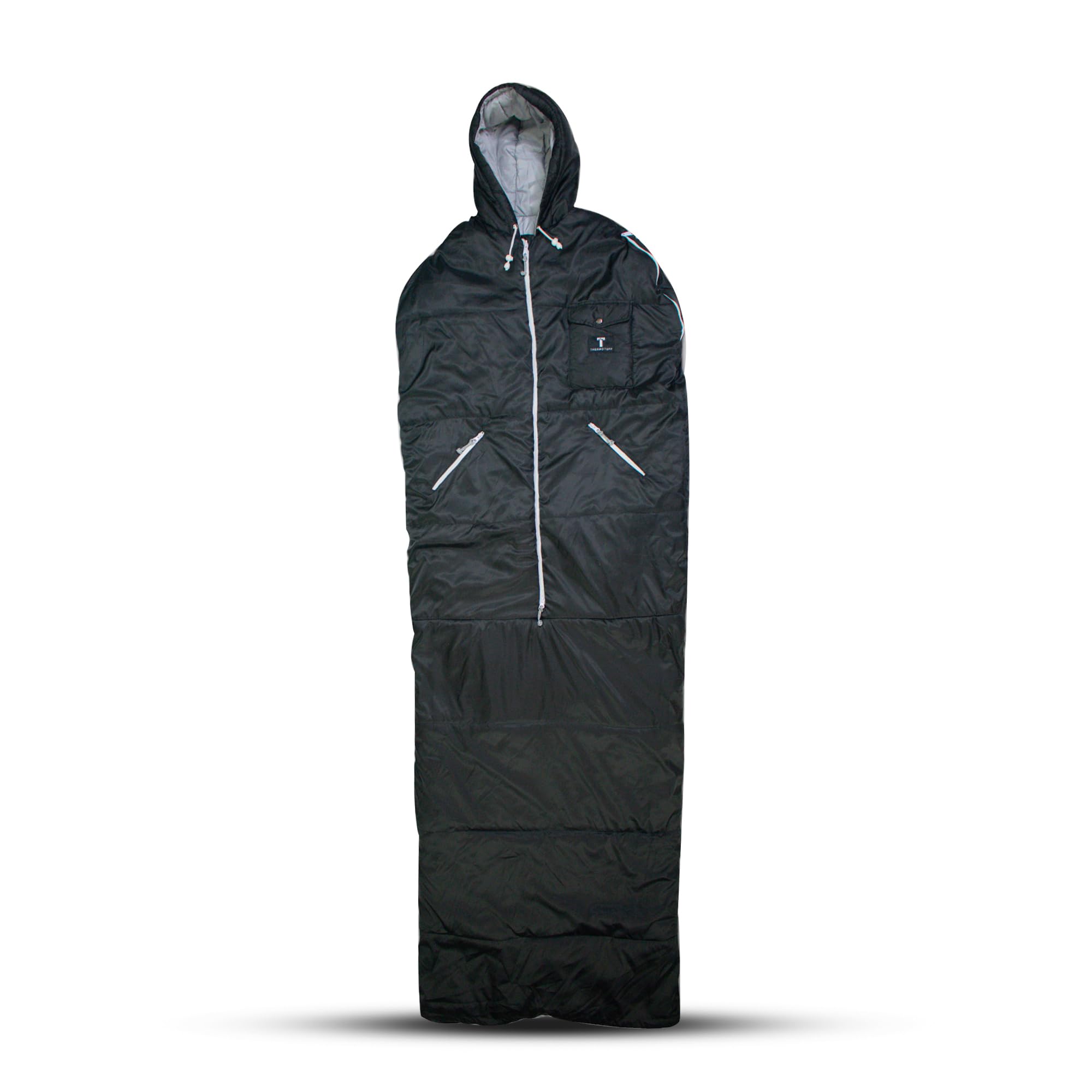 Thermotuff Wearable Sleeping Bag with Dual Hoodie, Zippered Arm Holes, Pockets & Adjustable Drawstring - Ideal for Camping, Cold Weather Hiking, and Stadium Sak Blanket (Black)