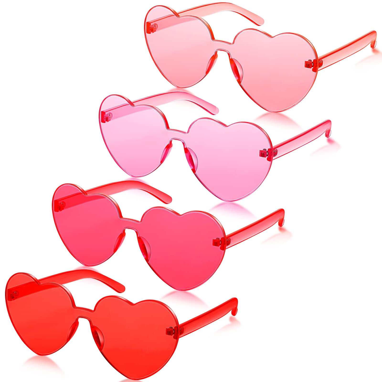 TOODOO 4 Pieces Heart Shape Rimless Sunglasses Transparent Candy Color Party Eyewear (Pink Series)