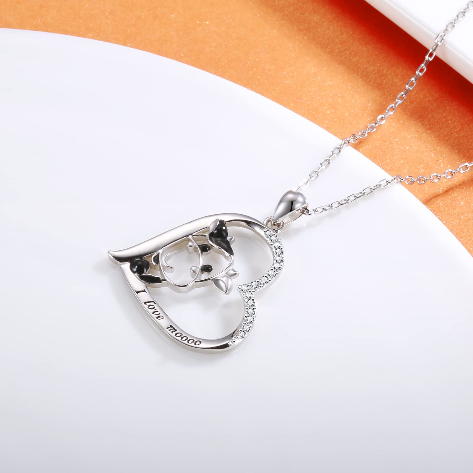 925 Sterling Silver Cow Necklace Pendant Cow Print Jewelry for Women Birthday Cow Gifts (Heart Cow Necklace)