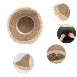 Floppy Straw Sun Hat for Womens Foldable Packable Wide Brim Summer Beach Hat Crochet Frayed Bucket Hat (M, Khaki)