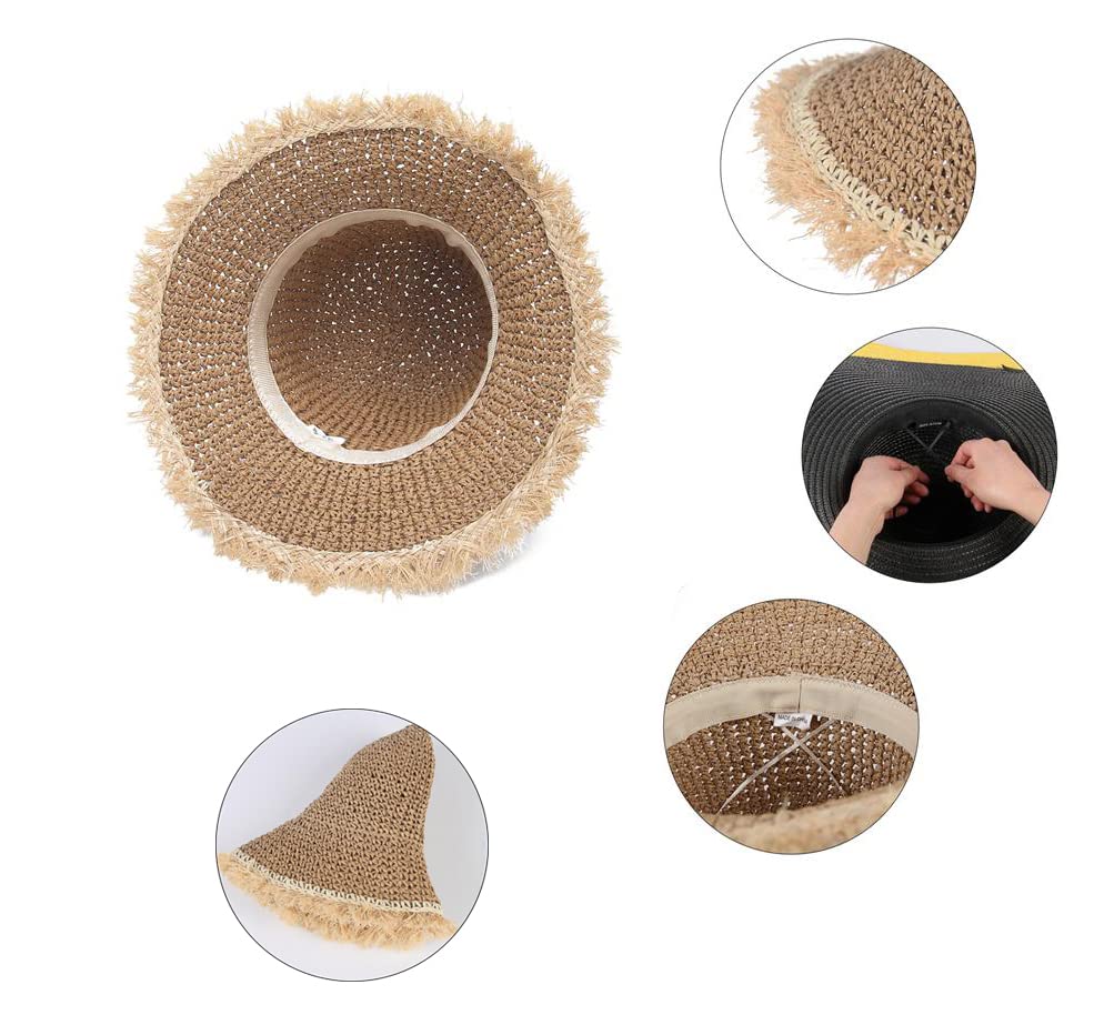 Floppy Straw Sun Hat for Womens Foldable Packable Wide Brim Summer Beach Hat Crochet Frayed Bucket Hat (M, Khaki)