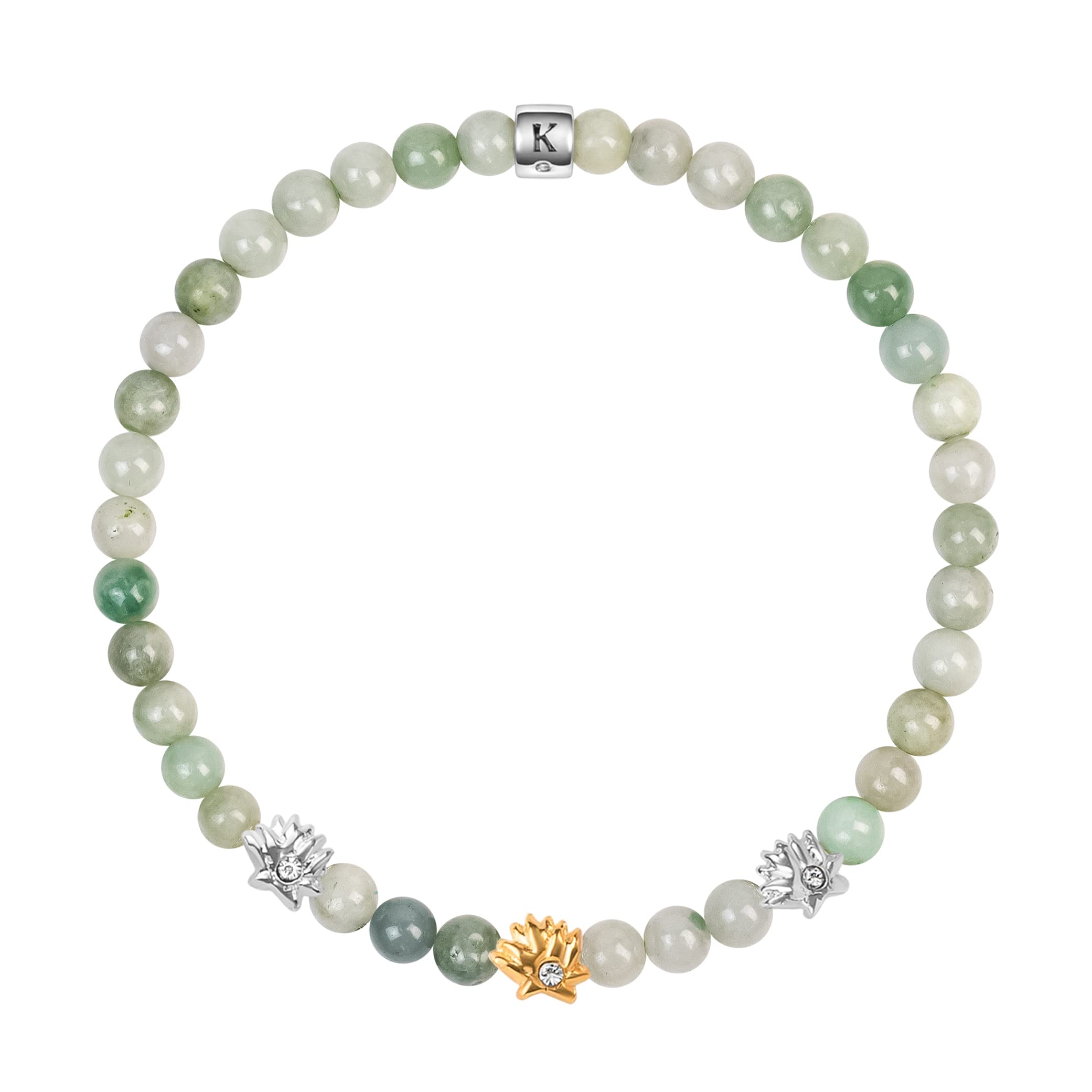 KARMA AND LUCK - Limitless Potential - Abundance & Prosperity Burmese Women's Real Jade 925 Sterling Silver - 18K Gold Plated Triple Lotus Charm Stretch Bracelet Handmade in Bali