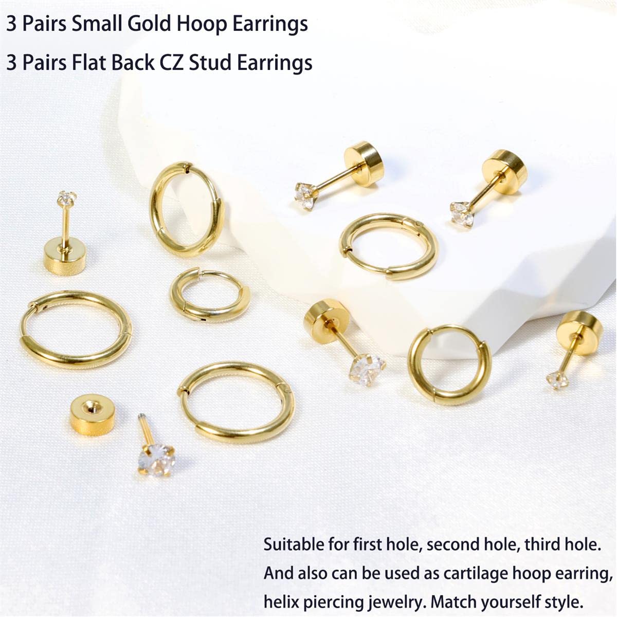 Dainty 6 Pairs Earrings Sets for Multiple Piercing, Lightweight 14K Gold Plated Small Huggie Hoop Earrings, Lobe, Hypoallergenic (14K Gold Plated- Huggie Hoops and CZ Studs)