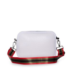 Haute Shore - Drew Trento Crossbody,White Coated W/Olive,Black,& Red Stripe