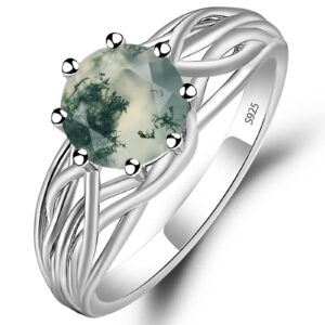 LUO S925 Sterling Silver Round Cut 1.25 Carat Natural Moss Agate Ring Statement Ring Crossing Freeform Promise Ring for Women US Size 7