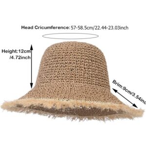 Floppy Straw Sun Hat for Womens Foldable Packable Wide Brim Summer Beach Hat Crochet Frayed Bucket Hat (M, Khaki)