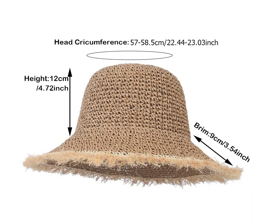 Floppy Straw Sun Hat for Womens Foldable Packable Wide Brim Summer Beach Hat Crochet Frayed Bucket Hat (M, Khaki)