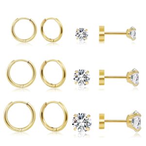 dainty 6 pairs earrings sets for multiple piercing, lightweight 14k gold plated small huggie hoop earrings, lobe, hypoallergenic (14k gold plated- huggie hoops and cz studs)