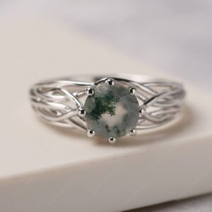 LUO S925 Sterling Silver Round Cut 1.25 Carat Natural Moss Agate Ring Statement Ring Crossing Freeform Promise Ring for Women US Size 6