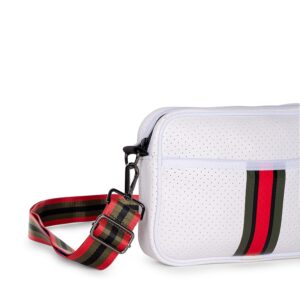 Haute Shore - Drew Trento Crossbody,White Coated W/Olive,Black,& Red Stripe