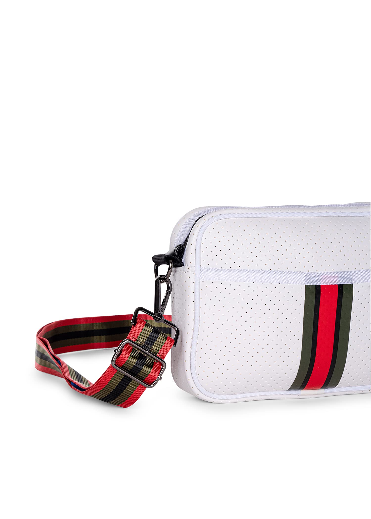 Haute Shore - Drew Trento Crossbody,White Coated W/Olive,Black,& Red Stripe