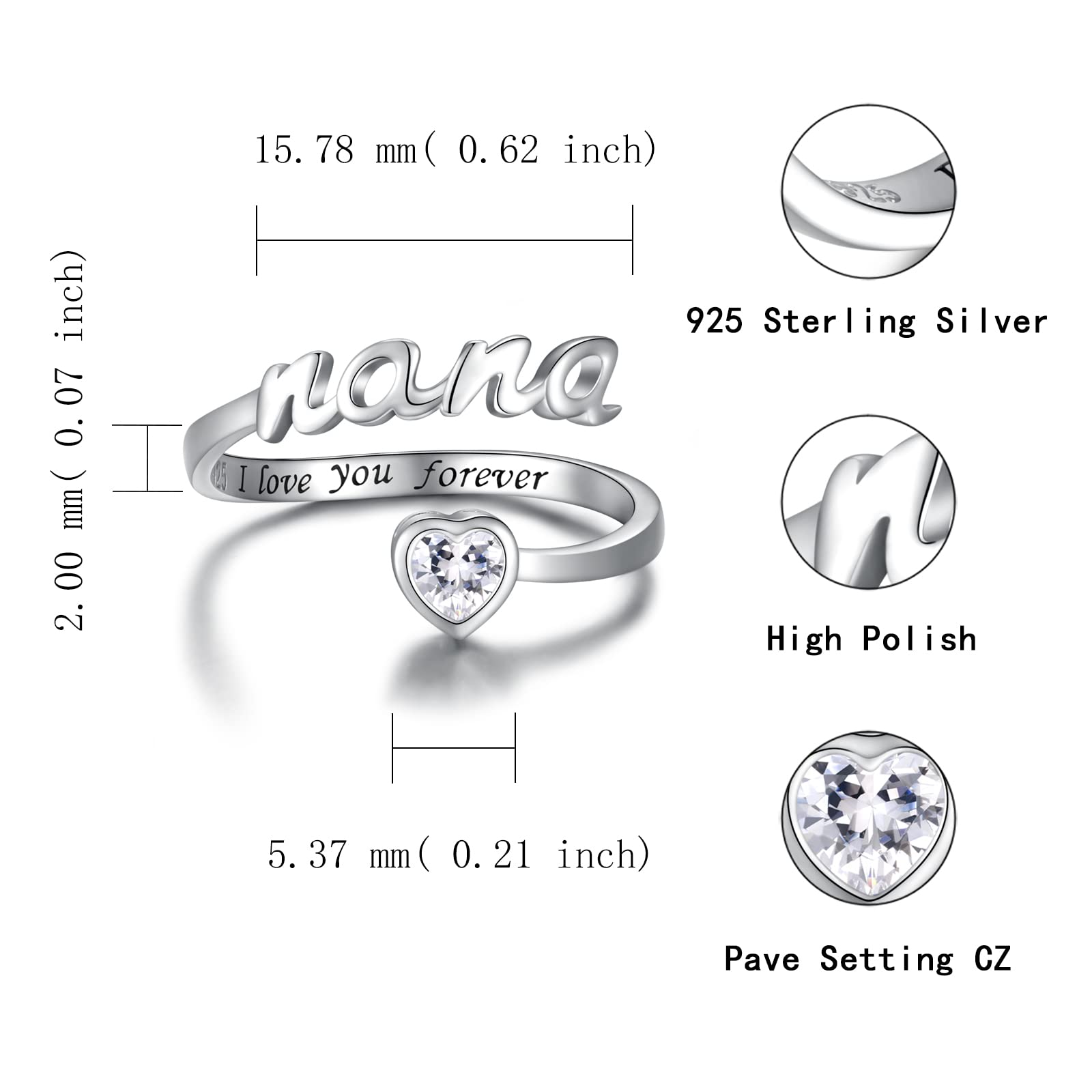 Infinity Mom Nana Ring 925 Sterling Silver Adjustable Ring for Mom Grandma Mothers Day Jewelry Gift (Infinity Nana Ring)