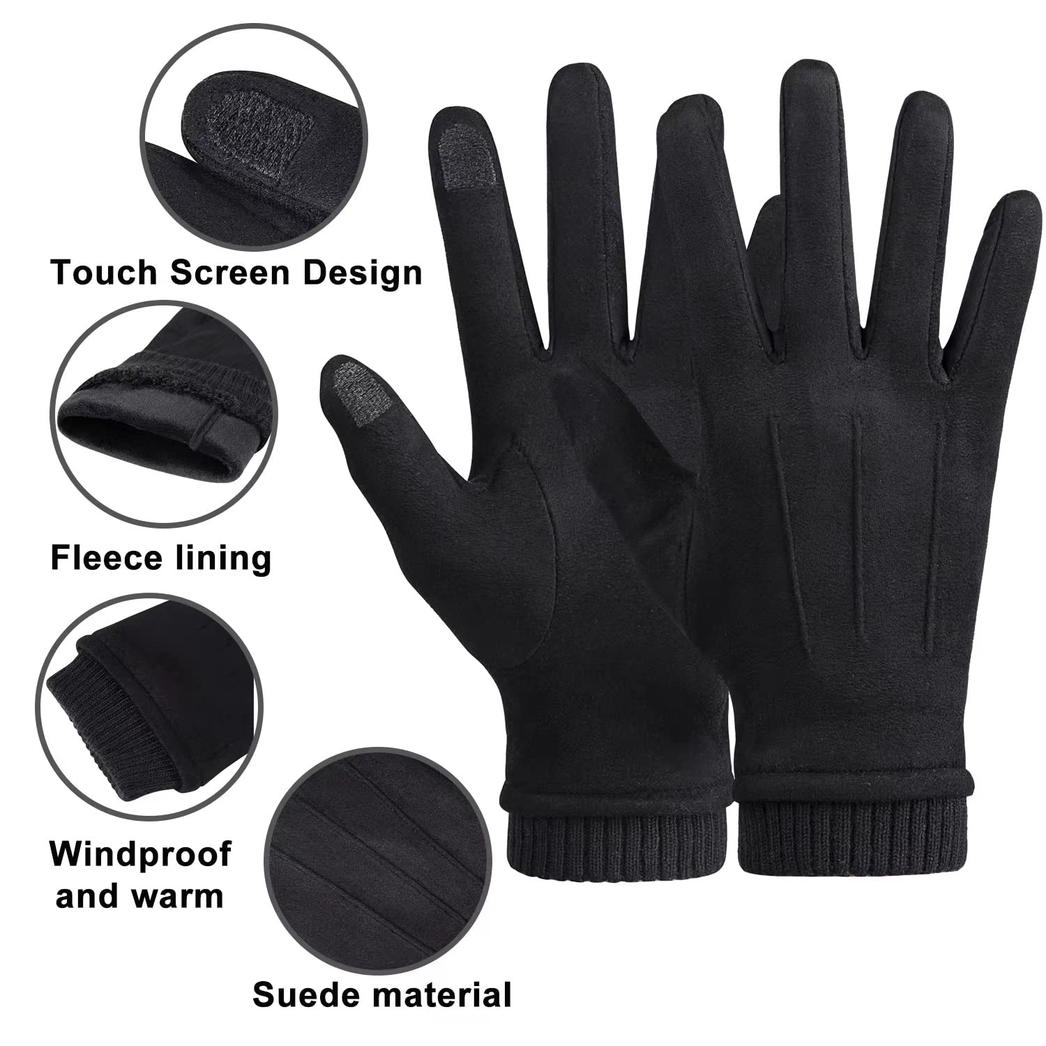 Kebesu Womens Winter Suede Gloves With Touchscreen Texting Finger Wool Lined Windproof Warm Fashion Dress Gloves