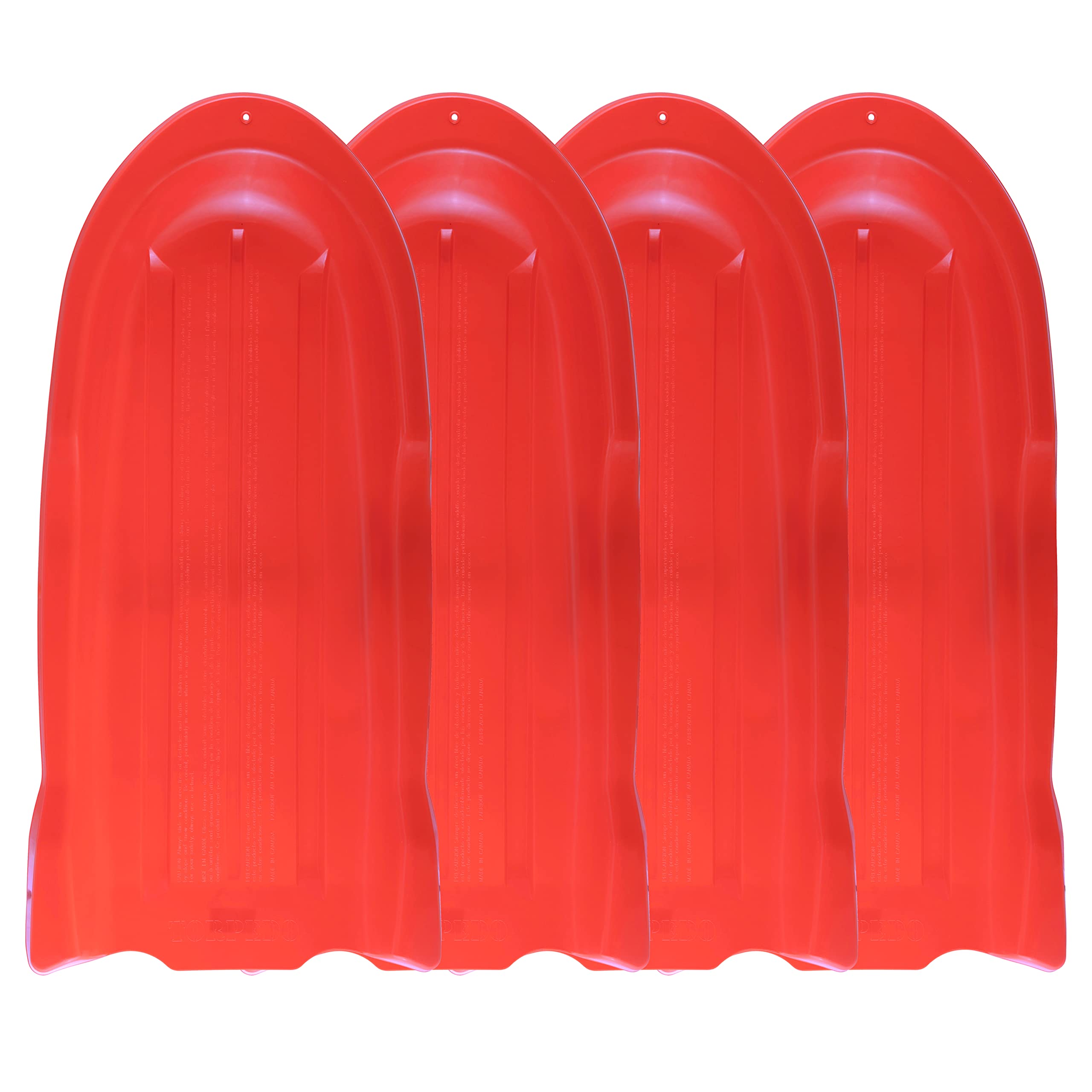 Superio Toboggan Snow Sleds, 4 Pack- 46” Plastic Open Back Slider for Kids and Adults- Heavy Duty Sleds with Holes for Pull Ropes (Ropes Excluded) for Downhill Sledding, Winter Outdoor Sports, (Red)