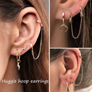 Chain Double Hoop Earrings for Double Piercing: 3 Pairs 14K Gold Plated Lightweight Huggie Hoop Earrings, Cartilage Hoop Earring Helix Piercing Jewelry for Women (Gold)