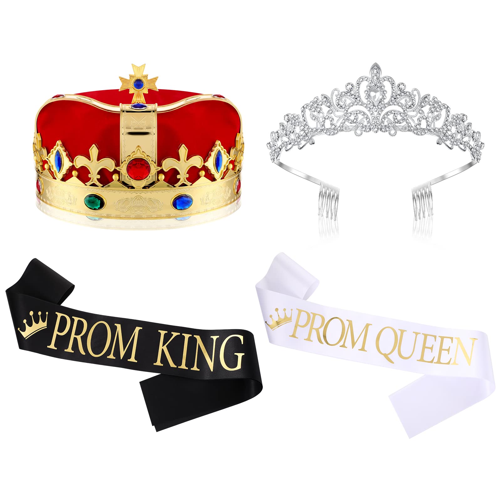 Saintrygo Prom King and Prom Queen 80s Party Favors Crowns Tiara Sash Shiny Satin Adults Cosplay 2024 Grad Crown Sash(4 Pcs, Vintage Style)