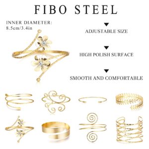 FIBO STEEL 8 Pcs Arm Cuff Upper Arm Band Cuff Bracelet Bangle for Women Gold Adjustable Minimalist Simple Leaf Butterfly Coil Armband Set