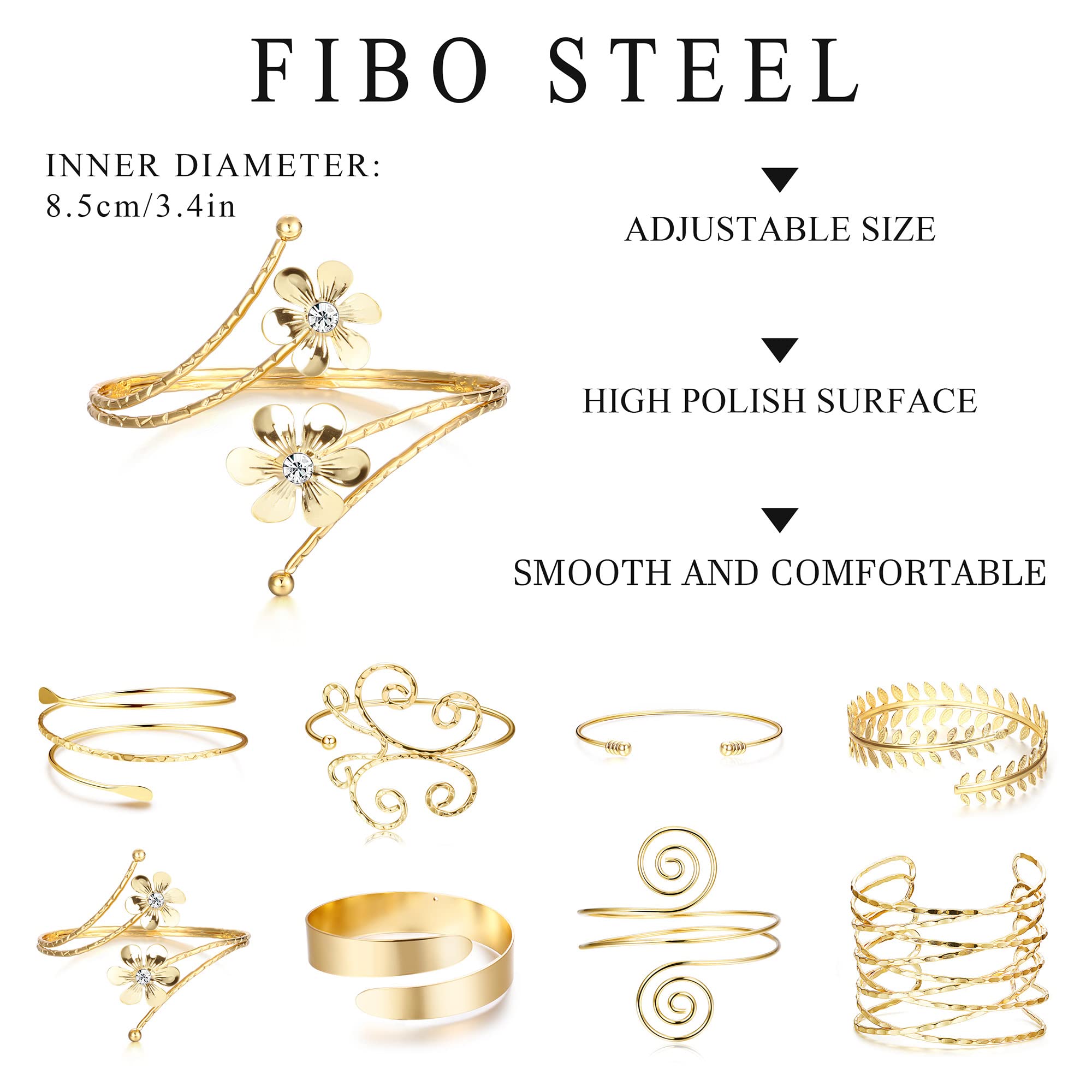 FIBO STEEL 8 Pcs Arm Cuff Upper Arm Band Cuff Bracelet Bangle for Women Gold Adjustable Minimalist Simple Leaf Butterfly Coil Armband Set