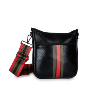 Haute Shore - Jeri Bello Crossbody Tote, Black Coated W/Olive, Black, & Red Stripe