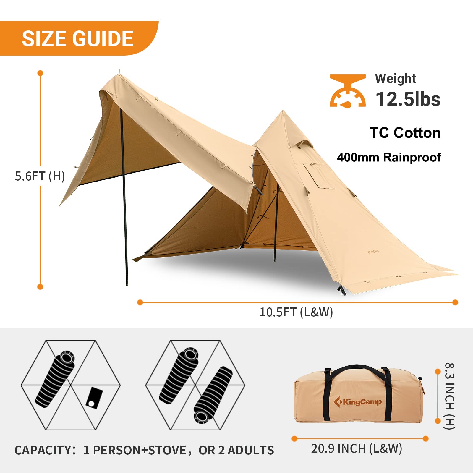 KingCamp Hot Tent with Stove Jack, 4 Season Cotton Tent for Camping, Lightweight Portable with Carry Bag, Foldable Snow Skirt, Set-up Rainfly, Glamping Hiking Backpacking, Windproof, Rainproof