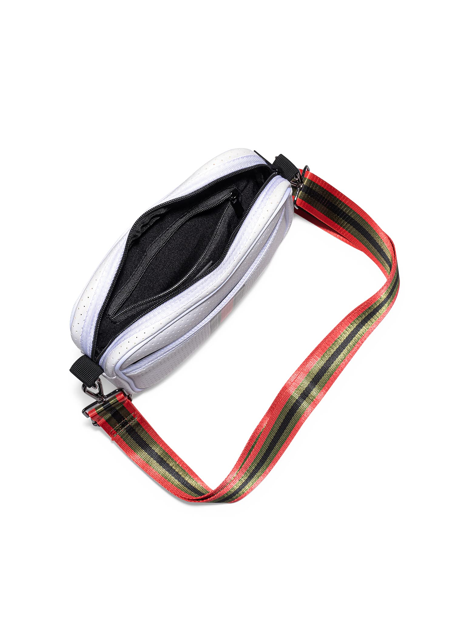 Haute Shore - Drew Trento Crossbody,White Coated W/Olive,Black,& Red Stripe