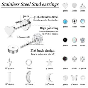 SAILIMUE 21Pairs Stainless Steel Stud Earrings Set for Women Men 20G Tiny Cartilage Stud Earrings Star Moon Triangle Heart Leaf Opal Stud Earrings Hypoallergenic Flat back Earrings Piercing Jewelry