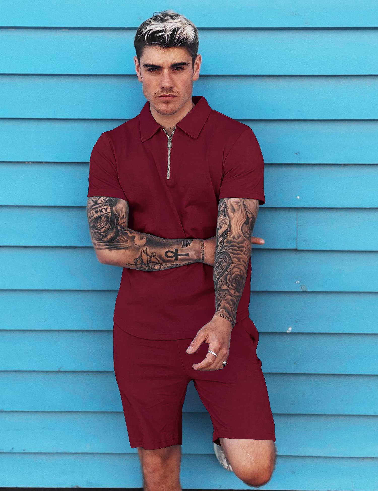 URRU Men's Classic Short Sleeve Polo Shirt Sets Zipper Casual Slim Fit Cotton Tracksuit Wine Red M